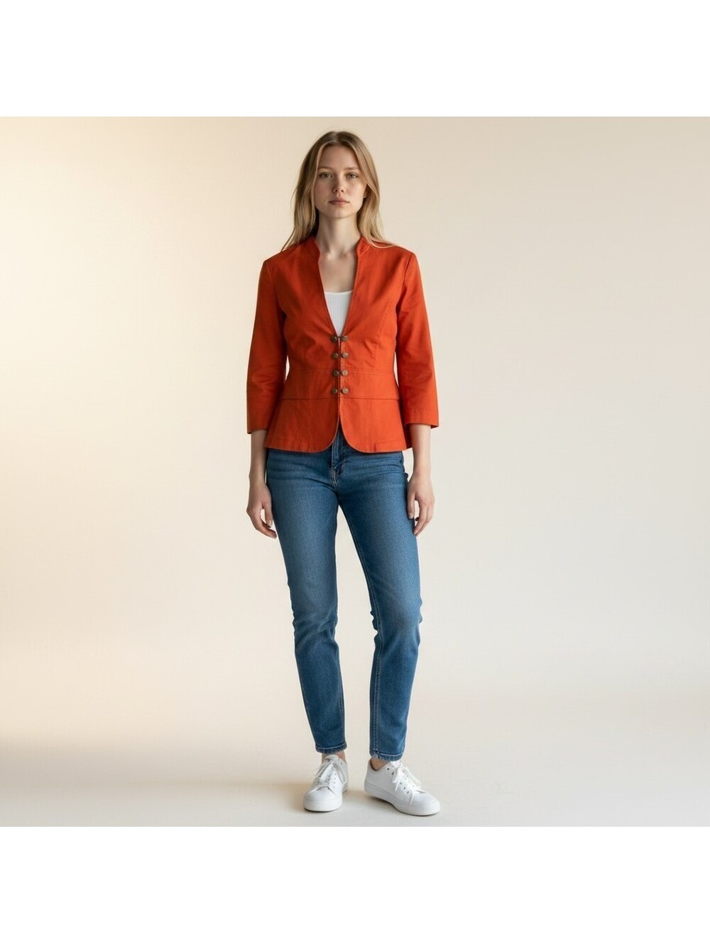 Roz & Ali Jacket Women L Large Orange Button 3/4 Sleeve Cotton Casual Stretch